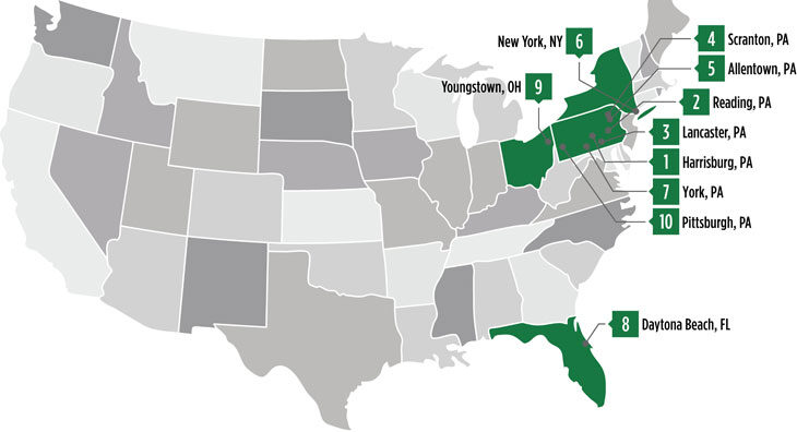 Map of Top 10 Places to Retire